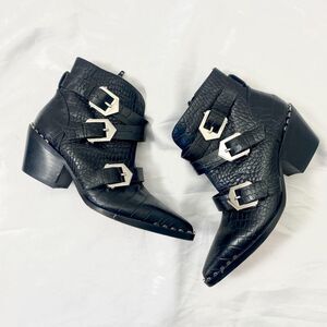 Y2K Gianni Bini Black Leather Silver Studded Buckle Western Biker Boots US 6.5